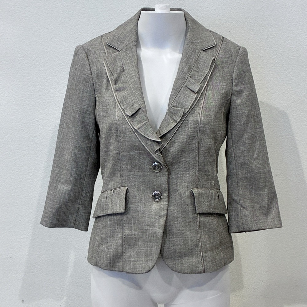 WHBM Y2K Ruffle Lapel Tailored Blazer‎ Jacket Size 2 Gray Office Chic Capsule
